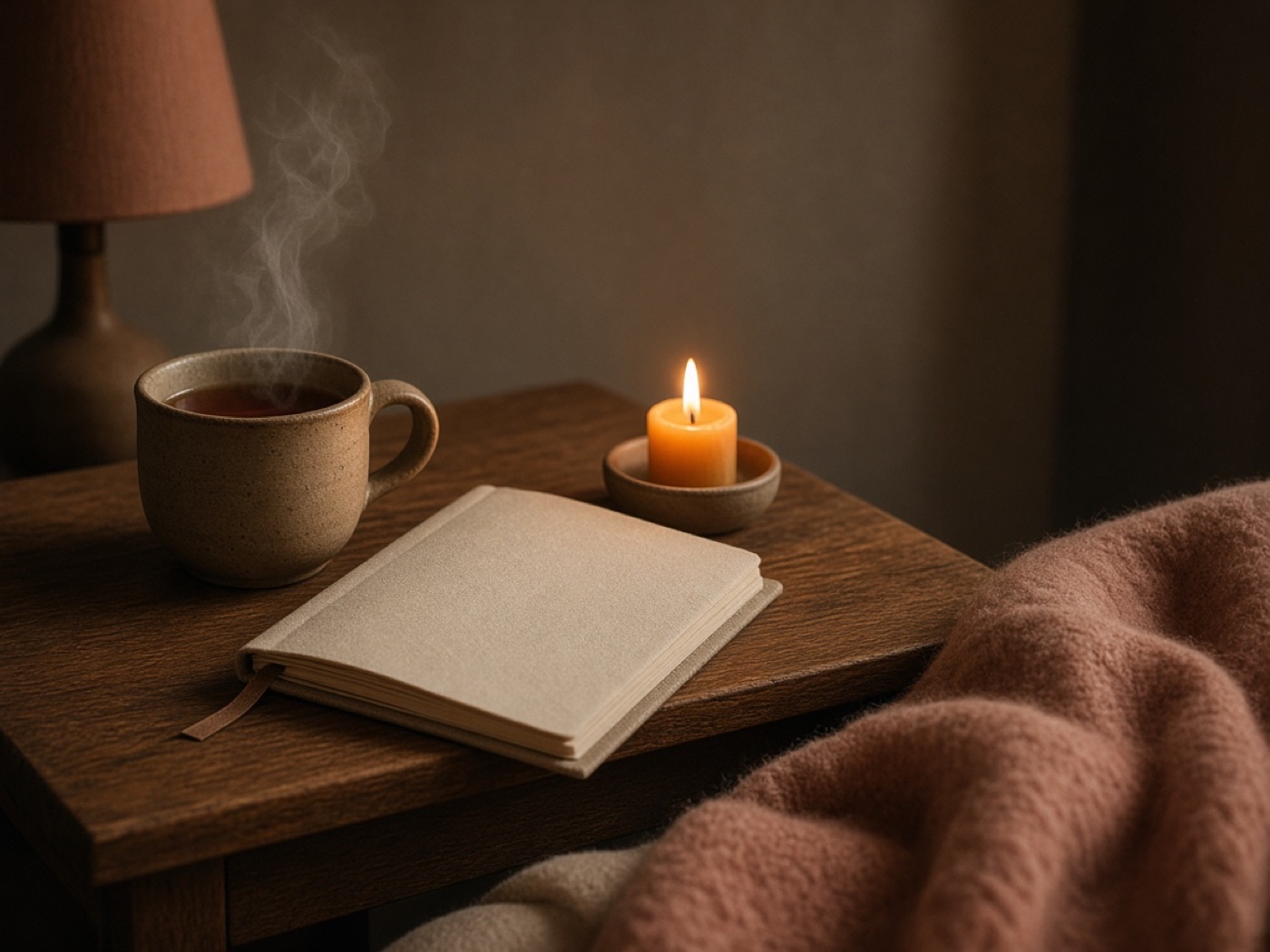 Herbal tea, a notebook and a candle on a bedside table