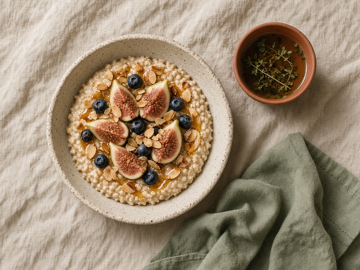 Bowl of oats with figs and blueberries on linen